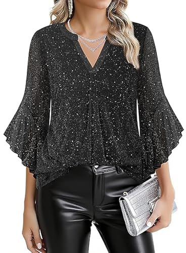 Chemisier Habillé À Paillettes Blouse Femme Chic Et Élégant Manches 3/4 À Volants Tunique À Paillettes Tops Sequins Ample Et Fluide Tee Shirts Brillant Chic pour Fête Disco Soiree
