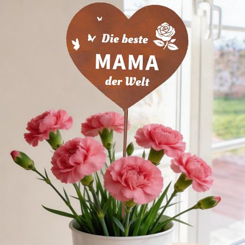 Scinzene Piquet de jardin en forme de cœur rouillé « Die Beste Mama der Welt » - En métal - Pour la fête des mères et un anniversaire - Décoration élégante pour jardin, balcon, tombe - Cadeau pour