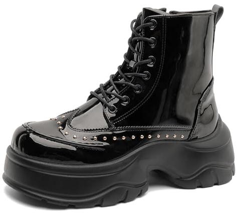 OXNGDMDM Men's Patent Leather Rivet Platform Motorcycle Boots with Side Zipper Fashion Comfortable Non Slip Chunky Block Heel Goth Dress Combat Ankle Boots for Street Biker (Black,9)