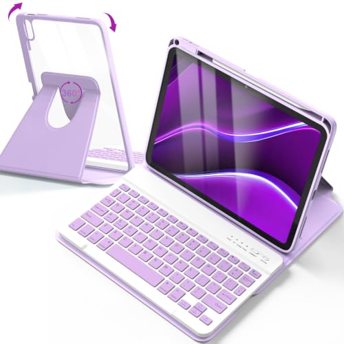 LKV 360° Rotating Keyboard Case for iPad A16 11th 2025/10th Gen 2022 10.9 | Detachable Mute Keyboard Folio Cover with Pencil Holder Keyboard for Ipad A16 11th 2025/10th Generation 2022 10.9, Purple