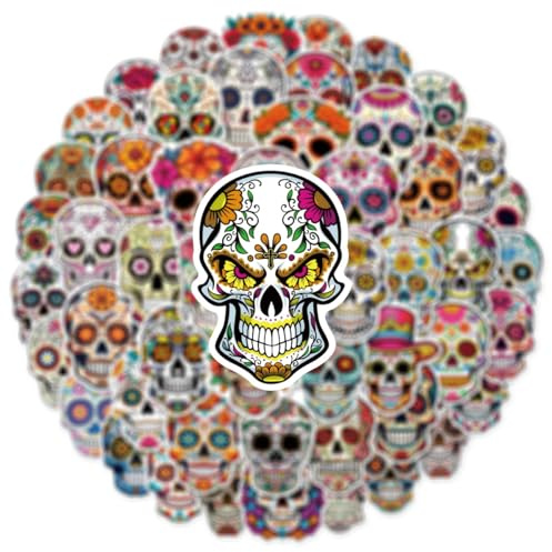 50 Pcs Skull Stickers Laptop Car Scrapbook Phone Skateboard Suitcase Luggage Bike Sugar Skull Vinyl Waterproof Aesthetic Personalised Stickers for Adults