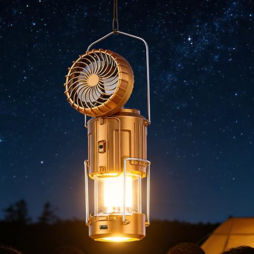 5-in-1 Portable LED Camping Lantern with Fan, Multifunction Solar Camping Light with Fan, Collapsible LED Lanterns for Hurricane, Hiking, Portable Emergency Light (Gold)