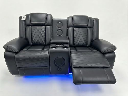 Michigan Leather Electric Recliner Sofa Set With Cupholders - Tech Air Leather - Bluetooth Speakers -Wireless Charging - USB Ports - LED Lights - Cupholders & Storage (Black, 2 Seater)