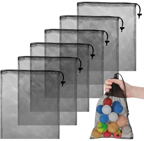 6 Pcs Mesh Drawstring Bags, Large Nylon Net Bags, 35 * 40CM, Black Multipurpose Organizer Storage Bag for Swimming, Beach, Pool, Travel, Home Use