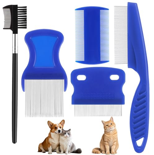 JJUNW 5 Stück Katze Hund Flohkamm, Läusekamm Metall Zähne Läusekamm Plastik Doppelseitig Nissenkamm Edelstahl Nissenkamm Tränenfleckenentfernerkämme Für Kleine Mittlere Große Haustiere