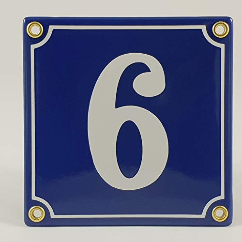 Hausnummer Emaille Schild Nr. 6 Blau-Weiß Handarbeit