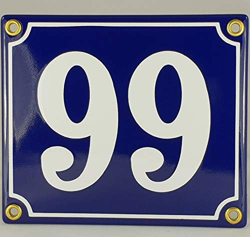 Hausnummer Emaille Schild Nr. 99 Blau-Weiß Handarbeit