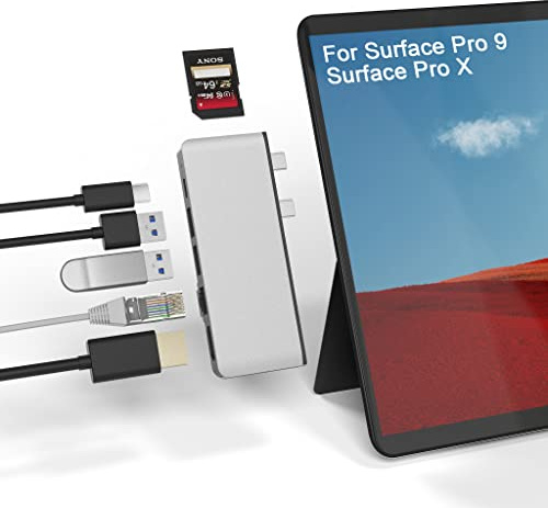 Rytaki Hub USB 3.0 para Laptops Surface Pro X, Lector Dual Tarjetas USB, 2 Puertos USB 3.0 (5Gps) + 1000Mbps Ethernet+ 1 Puertos USB C +4K HDMI + Combo Adaptador para Tarjetas de Memoria SD/TF