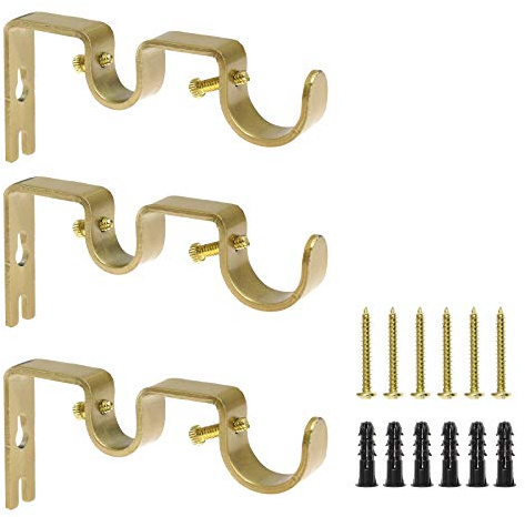Augiimor 3 soportes dorados para barra de cortina, soportes dobles resistentes para colgar en la pared, soporte de barra de cortina, soportes ajustables para barra de cortina para ventana, barras de