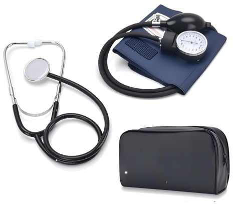 Multibao Manual Arm Blood Pressure Monitor with Dual Head Stethoscope, Aneroid Sphygmomanometer, Blood Pressure Gauge, Cuff, Bag for Emergency Service, Doctor, Consultation, Blue Black