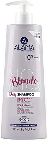 A ALAMA Professional Alama Professional No-Yellow Daily Shampoo Antigiallo e Antiriflesso, per Capelli Biondi, Grigi e Decolorati con Olio di Semi di Uva, Vegan, 500ml