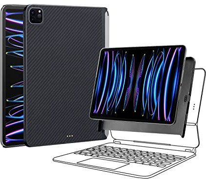 PITAKA Hülle für iPad Pro 12.9 Zoll 2022/2021 Magnetische Schutzhülle Kompatibel mit Magic Keyboard Ultradünn Tablet Hülle aus Aramidfaser [MagEZ Case 2] Schwarz/Grau
