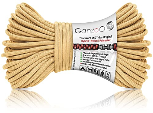 Ganzoo Paracord 550 Schnur/Seil Typ 3 4mm, Nylon-Polyester Hybrid, Sandcastle braun-beige, 30 m, ca. 250 kg Bruchlast, 32-Litzen Mantel, 7 Kernstränge für Hundeleinen, Halsbänder, Survival-Armband