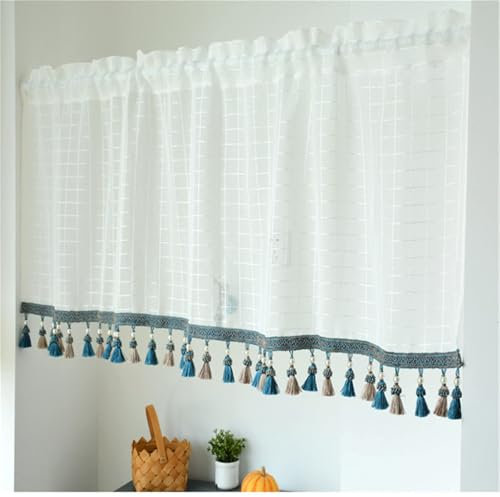 EXQULEG 1 Stück Landhausstil Scheibengardine Vintage Leinen Vorhänge Retro Spitze Kurzstores Halbtransparente Kurzgardine mit Quaste Romantische Weiße Bistrogardine (Weiß,H45 x B145cm)