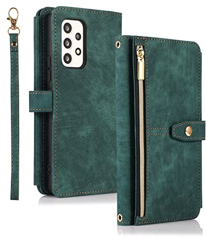 UEEBAI Hülle für Samsung Galaxy A53 5G, 9 Kartenfäche Retro Leder Geldbörse Stoßfest Flip Case mit Handschlaufe Standfunktion Reißverschluss Handyhülle Magnetverschluss Wallet– Retro Grün