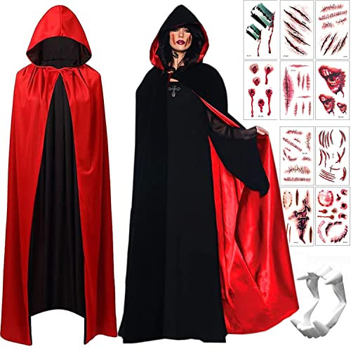 Jusduit Halloween Umhang Schwarz Rot mit Kapuze, Vampir Kostüm Set mit Gruselige Tattoos und Zahnersatz für Erwachsene 150CM