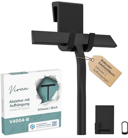 virea Rasqueta limpiacristales para Ducha de Silicona Negra 23 cm - con suspensión - Limpiador de Ducha Elimina los líquidos sin Dejar residuos - Extraktor de baño con núcleo de Acero Inoxidable