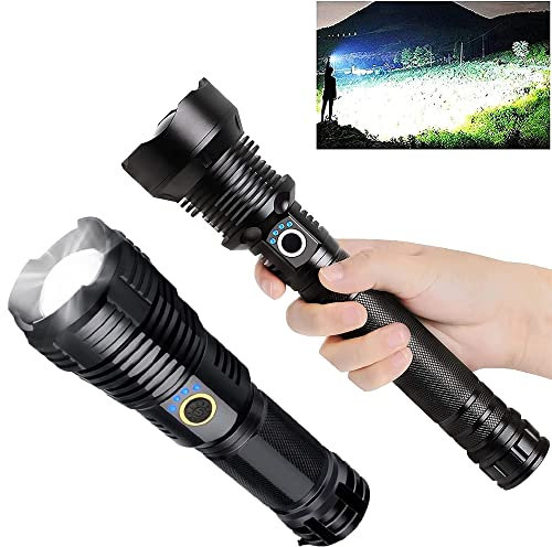 Lampe de poche rechargeable à Led 90000 High Lumens Super Bright Tactical Military Grade Waterproof Flashlights XHP70 Tactical Flashlight with Zoomable 5 Modes (XHP50)