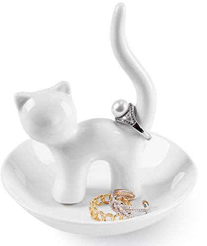 Aspegiffu Katzenliebhaber-Geschenke für Frauen, lächelnde Katze, Ringhalter, Geschirr, Schmuckschale, lustiges Katzen-Themen-Geschenk für Katzenliebhaber, Katzenmutter, Mädchen, Frauen, Geburtstag,