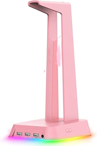 AQUETI Universal Headphone Stand RGB Gaming Headphone Stand Computer Headset Desktop Display Holder Luminous Logo With 3 USB Headset Stand Headphone Holder (Blue : Pink)