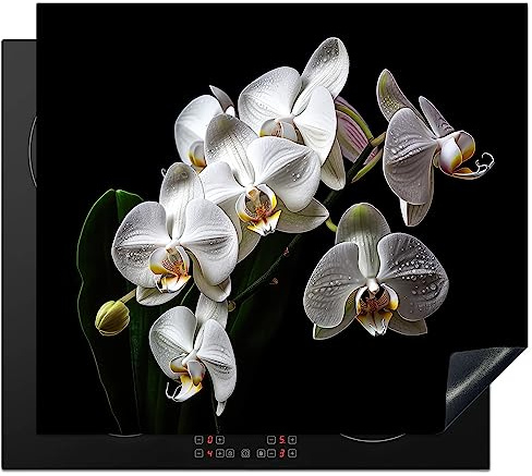KitchenYeah© Herdabdeckplatte Einteilig Herdabdeckung Abdeckplatte für | 60x52 cm - Ceranfeld Abdeckung Induktionskochfeld Aufrollbare Matte Orchidee - Blumen - Weiß - Natur - Schwarz und Weiß