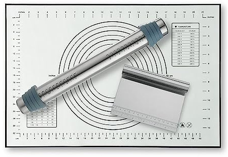 Nudelholz Verstellbares Nudelholz Set, Gebäck-Backmatten-Set, 430 Nudelholz Edelstahl, Teigroller aus Metall mit Skala, Matte, Teigschaber Zum Backen