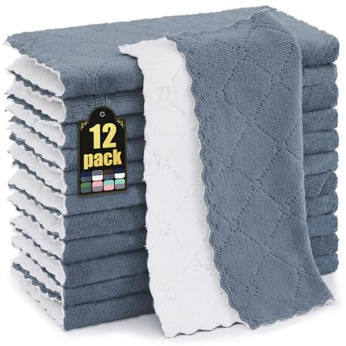 Mordimy 12 Pack Kitchen Cloths Dish Towels (10 x 10, Dark Grey & White), Super Soft and Absorbent Dish Cloths, Coral Velvet Microfiber Cleaning Cloth, Nonstick Oil Fast Dry Dishcloths