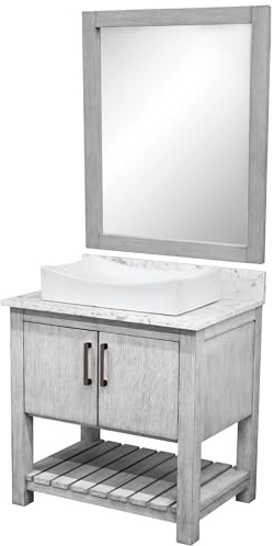 Miseno MV-30SG-NOBV-6001-1141-MIR 30 Free Standing Single Basin Vanity Set with Cabinet, Quartz Vanity Top, Porcelain Vessel Sink and Mirror - Stonewash Grey/Cafe Mocha Top/Oil Rubbed Bronze