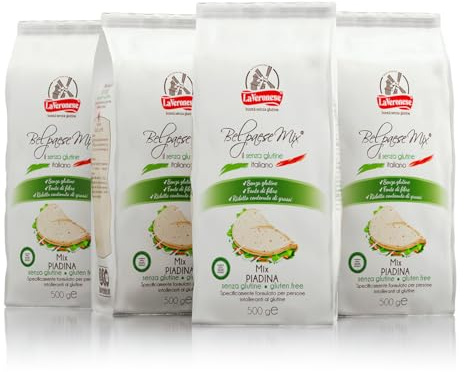 La Veronese | Bel paese Mix® Piadina, Preparato per Soffici Piadine Senza Glutine, Miscela di Farine Senza Glutine, Senza Latte, Senza Uova, Ridotto Contenuto di Grassi e Fonte di Fibre, 4X500g