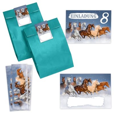 Minkocards 12 Einladungskarten zum 8. Kindergeburtstag Mädchen Pferd Pferde Einladung achte Geburtstag incl. 12 Umschläge, 12 Partytüten/petrol, 12 Aufkleber, 12 Lesezeichen Einladungsset
