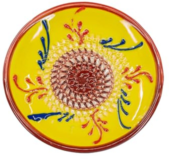 Kaladia - Keramik Reibeteller/Keramikhobel - ideal für Ingwer, Parmesan etc. - Motiv: Gelb & Rot - Durchmesser: 12 cm - handgemacht & handbemalt - Made in Spain