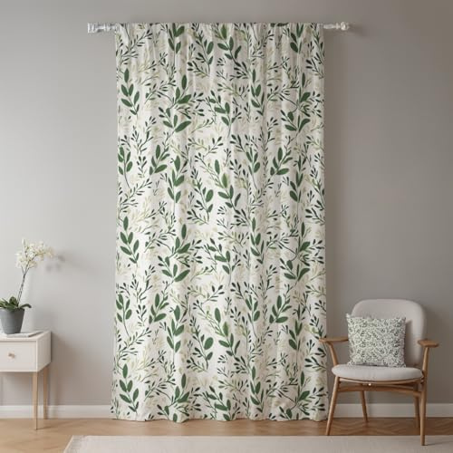 ggaimwf Green Leaves Curtains for Living Room Botanical Leaf Plants Rustic Natural Watercolor Farmhouse Style Curtains Window Treatment Drapes for Bedroom Garden Balcony Door 1 Panel 107x160cm