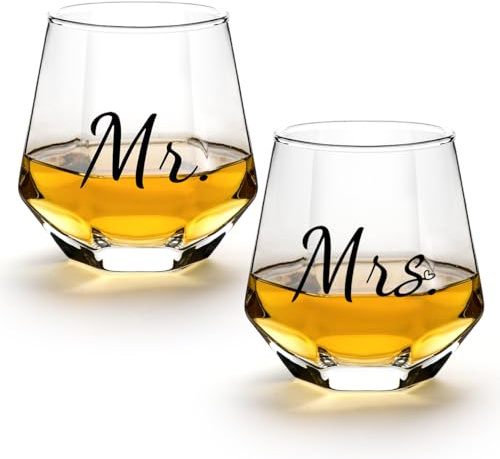 Gutsdoor Mr and Mrs Wine Glasses, Stemless Clear Wine Glasses Set of 2, 10 Oz Diamond Shaped Wine Glasse, Unique Valentines Engagement Wedding Gifts for Him and Her