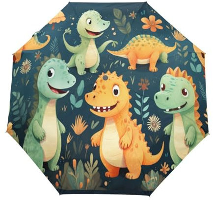 KAAVIYO Süßer Cartoon-Dinosaurier Regenschirm Auf-Zu Automatik Taschenschirm Winddichter Umbrella Klein Leicht Schirm Kompakt Schirme für Jungen Mädchen Reise Strand Frauen