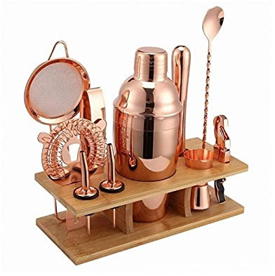 YYBDENL Mezclador de Vino Sistema de cóctel de 11 Piezas con Soporte de Madera Barman Barmer Kit de Acero Inoxidable Barra de Oro Coctelera Perfecta for Mezclar Margarita, Manhattan Coctelera