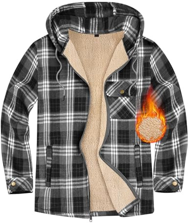 Xnova Herren Thermohemd Jacke Fleecefutter mit Kapuze, Casual Reißverschluss Karierte Mantel Langarm, Winterjacke Kapuzenpullover Flanellhemd Warm Holzfällerhemd Arbeitshemd Hoodie (Grau, M)