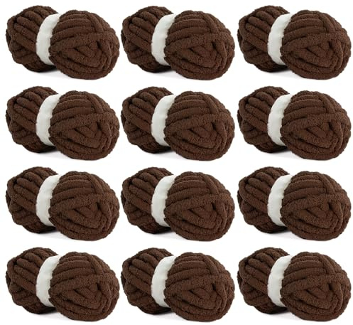 Hombys Dunkelbraunes, grobes Chenille-Garn zum Häkeln und Stricken, super breites, dickes, flauschiges Garn für Handstrickdecken, weiches Plüschgarn, 12 Jumbo-Packungen (27 m, 227 g pro Knäuel)