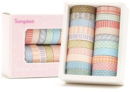 Songdao 20 Rolls Basic Washi Tape Set Japanese Arts Adhesive Tapes Simple Patterns Decorative Masking Tape Sets for Craft, Kids, Scrapbook, DIY, Gift Wrapping (Style One)