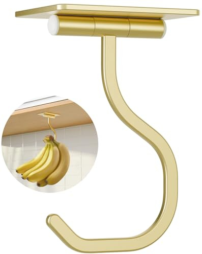 bussdis Crochet banane sous armoire – Cintre adhésif sous le comptoir, support de banane en métal pour accrocher des bananes ou des ustensiles de cuisine, garde les bananes fraîches, doré, 1 paquet