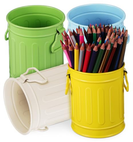 Sewroro Metal Pen Holder and Pencil Cup Set 4pcs, 11.5x9.2x8.8cm Iron Desk Organizer Bucket in Warm White, Light Blue, Light Green, Yellow for Office Stationery and Makeup Brush Storage