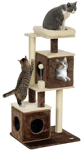 PawHut Kratzbaum 107 cm Katzenbaum mit Katzenhöhle, Bett, Spielball, Katzenkratzbaum mit Sisal-Kratzsäulen, für Katzen bis 5 kg, Dunkelbraun