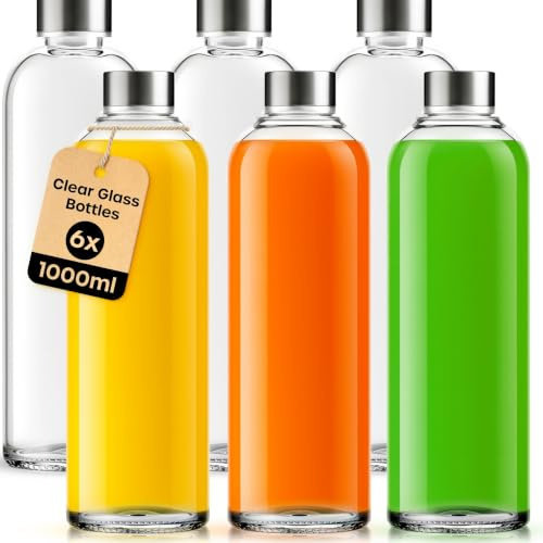 volila Trinkflasche aus Glas – 6er-Pack auslaufsichere Trinkflaschen für Saft, Milch und Smoothies – wiederverwendbare Glasflasche mit luftdichten Metallkappen, Bürste und weißen Etiketten (1000ml)