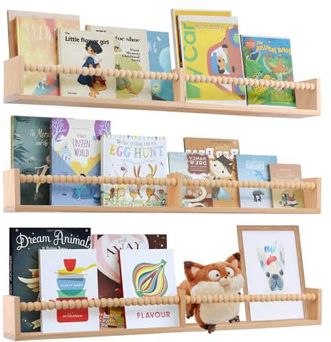 birola Nursery Book Shelves for Kids Rooms - 32 Inches Floating Wall Bookshelves Set of 3, Space-Saving Nursery Shelves with Beads Design for Kids Room, Bedroom and Study Room(Natural)