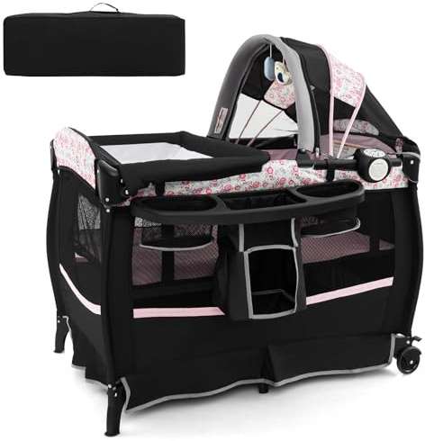 DREAMADE 4 in 1 Reisebett mit Matratze, 102 x 73 cm Babybett mit Rollen, Wickelauflage & Wiege, Klappbares Beistellbett Baby 0-36 Monate bis 15 kg (Pink Blumen)