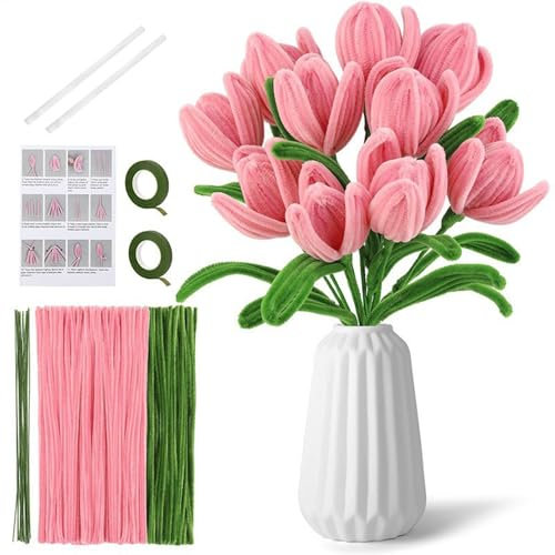 Tulpe Blumenstrauß Pfeifenreiniger Set,Blumenbastelset,Rohrreiniger Craft,Pfeifenputzer Zum Basteln Bunt Mit 2 Farben,Künstliche Blumen Chenilledraht Pfeifenreiniger(kann 15 Blumen Machen,Rosa)