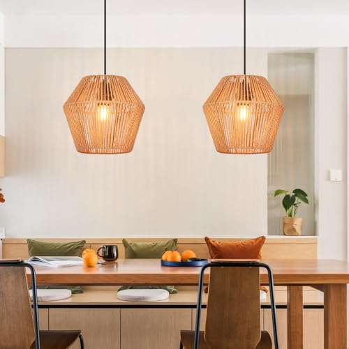 GBLY 2× Hängelampe Vintage Rattan Pendelleuchte Boho Esszimmerlampe 150CM | E27 Hängeleuchte Rustikal Esstischlampe Hängend Max.40W Korblampe für Wohnzimmer Schlafzimmer Küche ohne Leuchtmittel