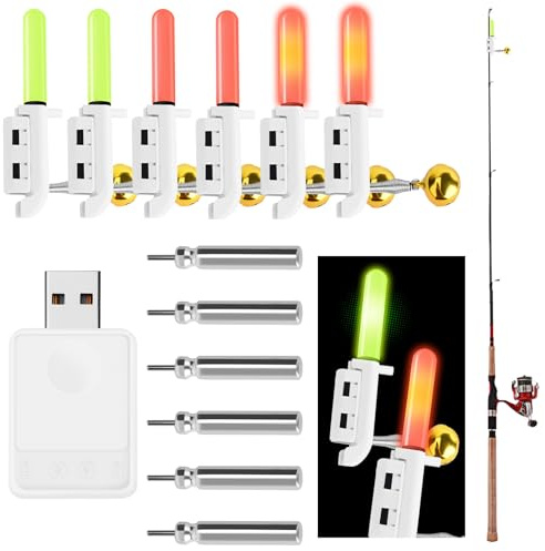Padwa Lifestyle 6 Stück Bissanzeiger Angeln, Nachtlicht Angeln Alarm Glocke mit 12 Stück Glocken, 6 Wasserdicht Licht Sticks, 6 Batterien, Ladestation - Nachtangeln Biss Alarm für Angelrute