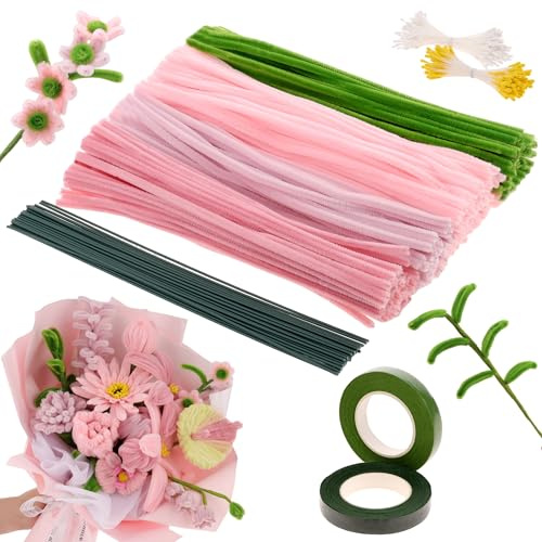 Woration 4 Farben Pfeifenreiniger Blumen Set 250stk Pfeifenputzer Zum Basteln Handgemachte Geschenke DIY Dekorationen mit Blumendraht, Blumenband, Blumen Staubblatt - Rosa Serie