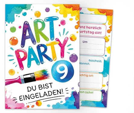 Junaversum 12 Einladungskarten zum 9. Kindergeburtstag Art Kreativ-Party Malparty Kunst Basteln DIY Künstlerparty Mädchen Kinder Einladungen neunte Geburtstag Geburtstagseinladungen Kids