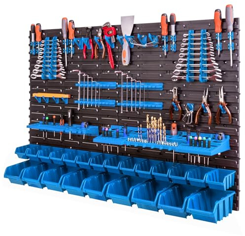 botle Wandregal für Werkzeuge 115x78cm 23 Stapelboxen Werkzeughalter Kunststoff Organisation und Ordnung in Garage und Werkstatt Aufbewahrung von Werkzeugen Werkbank Lagersystem Blau